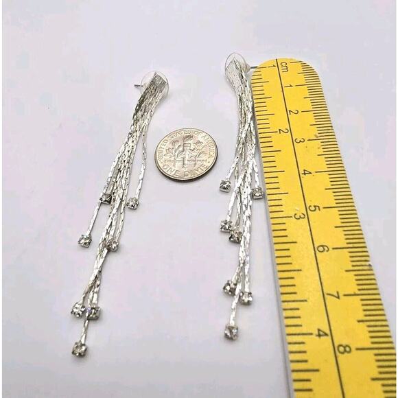Pierced Modern Cascade Earrings Clear Rhinestones Silver Tone Dangle Approx. 3" - Picture 6 of 6